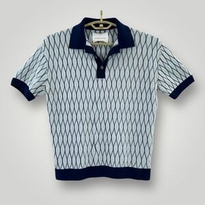 King & Tuckfield Polo Shirt Mens 2XL Blue Merino Wool Knit Argyle Short Sleeve